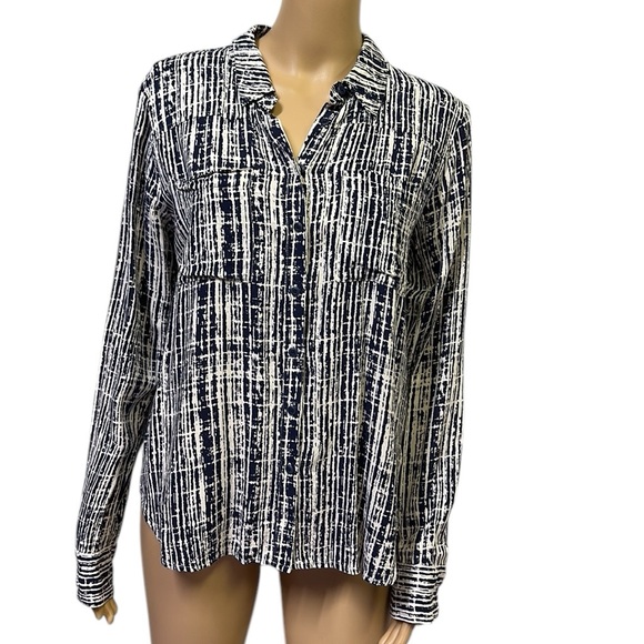 Anthropologie Holding Horses Navy Cream Button Up Long Slv Double Pocket Blouse - Picture 1 of 14